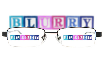 Image showing Letter blocks spelling blurry through a pair of glasses