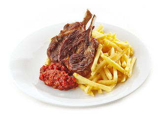 Image showing grilled lamb meat and french fries