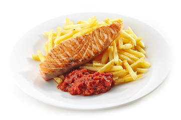 Image showing grilled salmon fillet and french fries