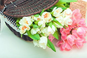 Image showing Beautiful tulips in basket