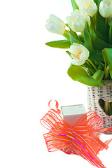 Image showing tulips in basket with heart and giftbox