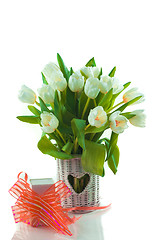 Image showing tulips in basket with heart and giftbox