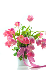 Image showing Beautiful pink tulips in white pot