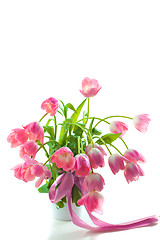 Image showing Beautiful pink tulips in white pot