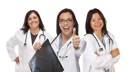 Image showing Hispanic Female Doctors or Nurses with Thumbs Up Holding X-ray