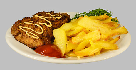 Image showing French fries with chicken chops