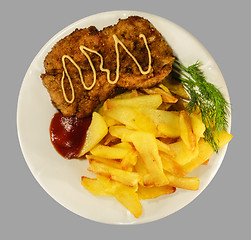 Image showing French fries with chicken chops