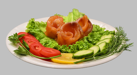 Image showing Rolls of red fish fillet with vegetables