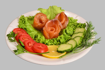 Image showing Rolls of red fish fillet with vegetables