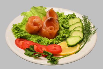 Image showing Rolls of red fish fillet with vegetables