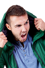 Image showing young adult man with green jacket portrait isolated