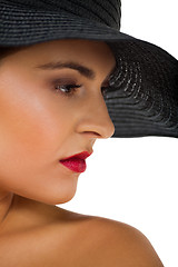 Image showing glamour woman with black hat and red lips