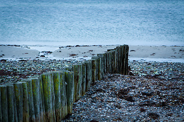 Image showing baltic sea background evening wooden wave breaker beach