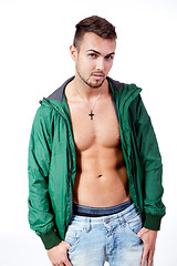 Image showing young adult man with green jacket portrait isolated