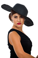 Image showing glamour woman with black hat and red lips