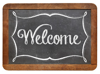 Image showing Welcome on slate blackboard