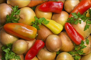 Image showing Red, yellow , green pepper, onion and parsley leaves.