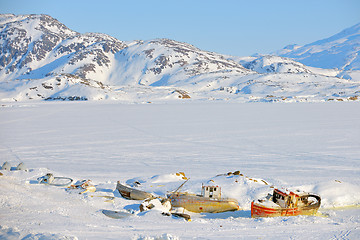 Image showing old rusty abandoned ships on mountains