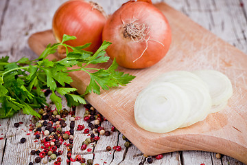 Image showing fresh onions, parsley and peppercorns 