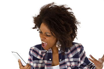 Image showing Angry african american woman with cellphone