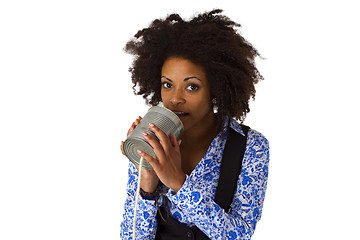 Image showing African american woman with can phone