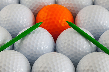 Image showing Golf balls and wooden tees