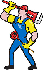 Image showing Plumber Carrying Wrench Plunger Cartoon