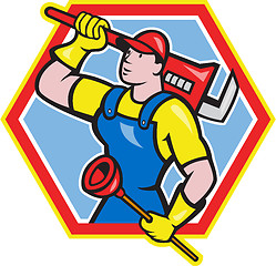 Image showing Plumber Holding Plunger Wrench Cartoon