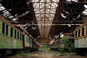 Image showing Cargo trains in old train depot