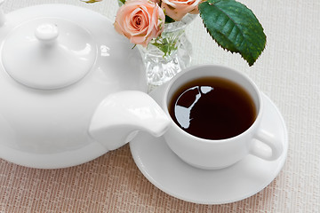 Image showing teapot, cup, and  roses on a plate