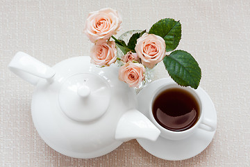 Image showing teapot, cup, and  roses on a plate