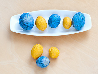 Image showing brown and blue nuts lying in a row on a plate