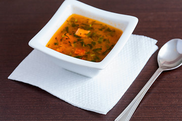 Image showing Chicken soup in the white ceramic bowl