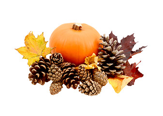 Image showing Fall leaves and pine cones with a ripe pumpkin