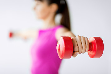 Image showing sporty woman hands with light red dumbbells