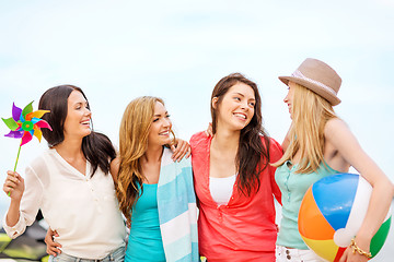 Image showing girls with ball on the beach