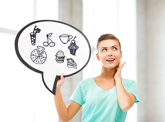 Image showing girl showing text bubble with junk food icons