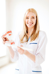 Image showing doctor with toothbrush and jaws in hospital