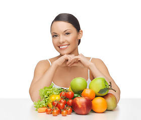 Image showing happy woman with lot of fruits and vegetables