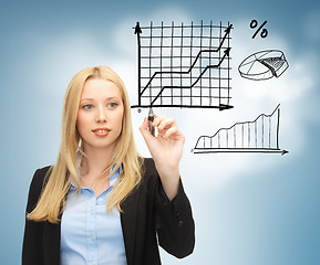 Image showing businesswoman drawing graphs in the air