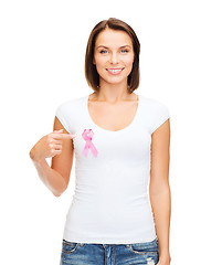 Image showing woman in blank t-shirt with pink cancer ribbon