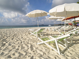 Image showing Chairs and parasols on the beach