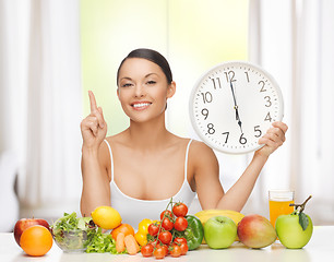 Image showing woman with fruits, vegetables and clock