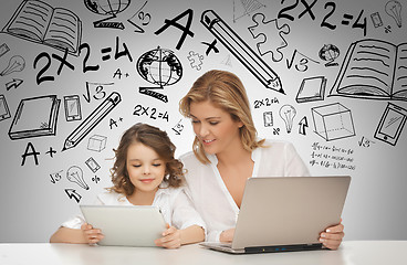 Image showing girl and mother with tablet and laptop