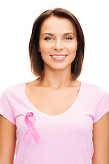 Image showing woman in blank t-shirt with pink cancer ribbon