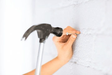 Image showing architect hammering nail in wall