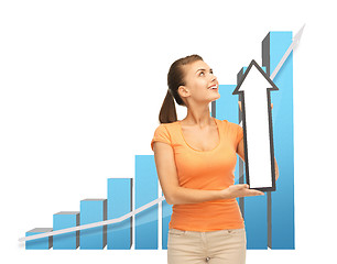 Image showing woman with rising graph and arrow directing up