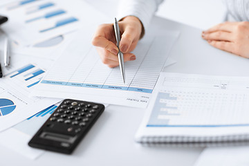 Image showing woman hand with calculator and papers