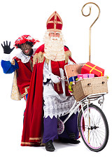 Image showing Sinterklaas and Black Pete on a bike