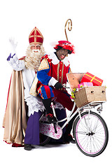 Image showing Sinterklaas and Black Pete on a bike